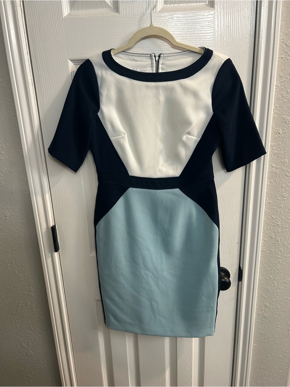London Times Colorblock Sheath Dress 6P Petites Navy White Blue Short Zip